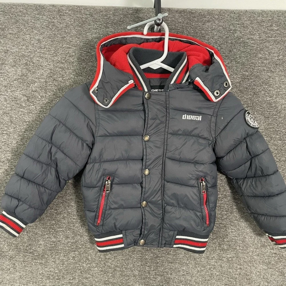 Diesel Jacket Youth 5-6 Gray Puffer Hooded Full Zip Fleece Lined Insulated
